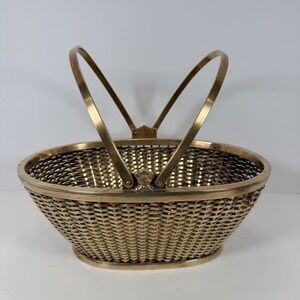 Vintage Solid Brass Woven Basket Made In India Mottahedeh Design Signed 11x8x5
